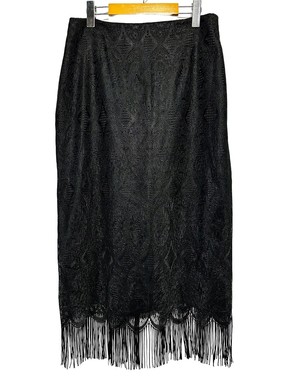 Black Fringe Lace Midi Skirt Goth Boho Festival Witchy Textured Whimsigoth